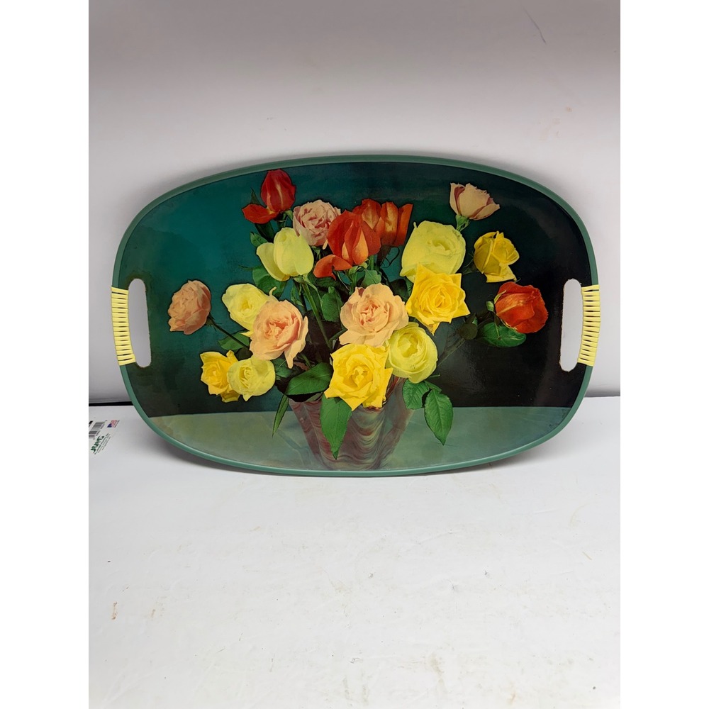 Vintage Floral Fiberglass Serving Tray Oval Rose Bouquet Teal Green Mid Century